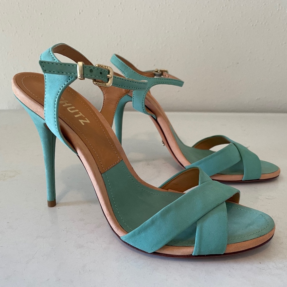 Schutz Dollie Aqua Nubuck Strappy Stiletto
